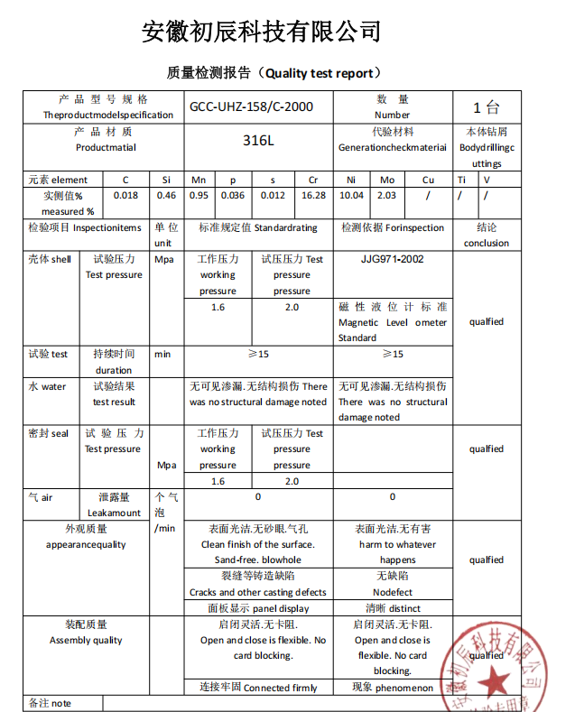 出厂检测报告样本：含仪表编号、标定日期、标定人与结论